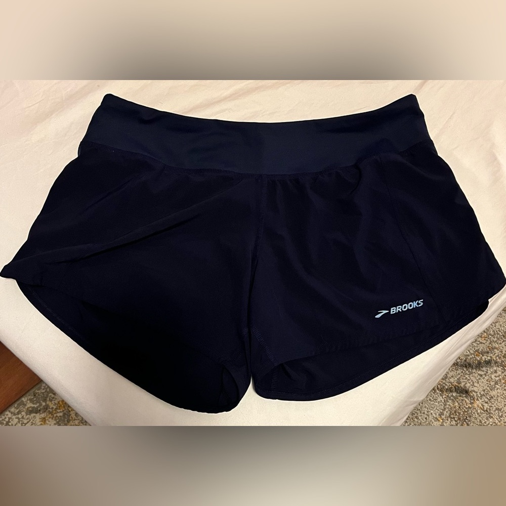 Brooks Running Shorts Womens Large Navy Blue Brief Lined Training Stretch